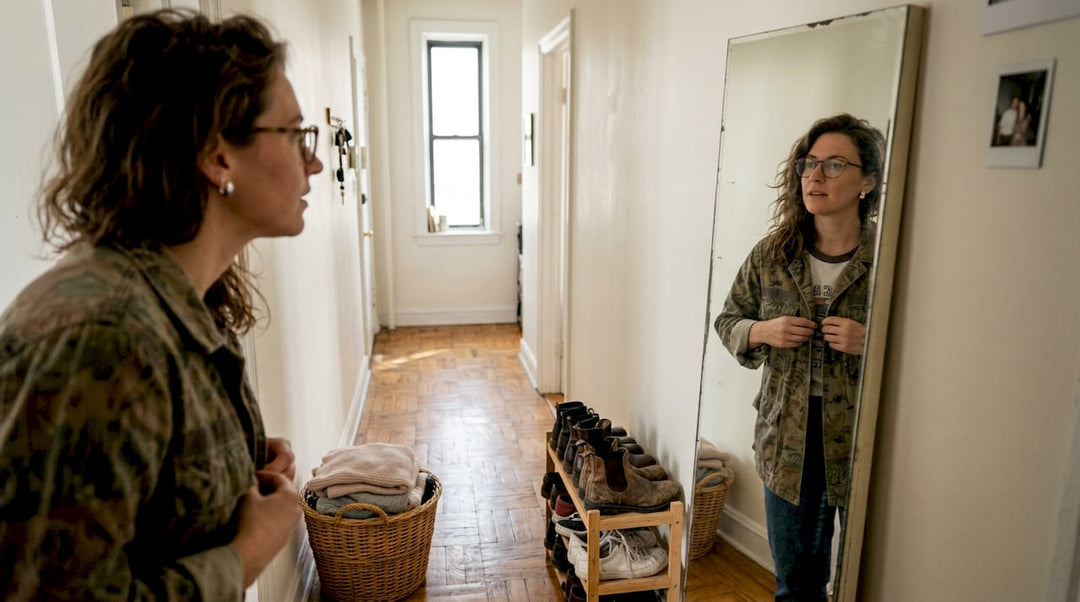 Woman adjusts personal style in home mirror