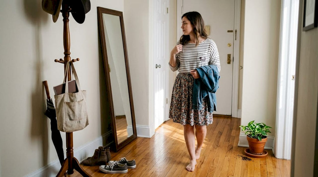 Woman trying unique outfit at home