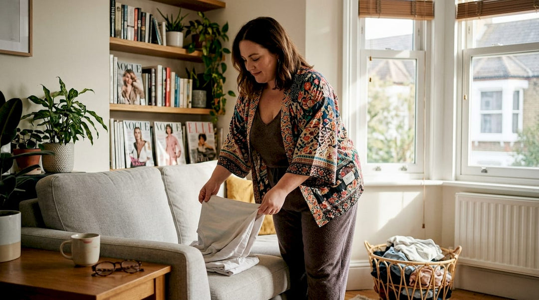 Plus-size woman folding clothes in living room
