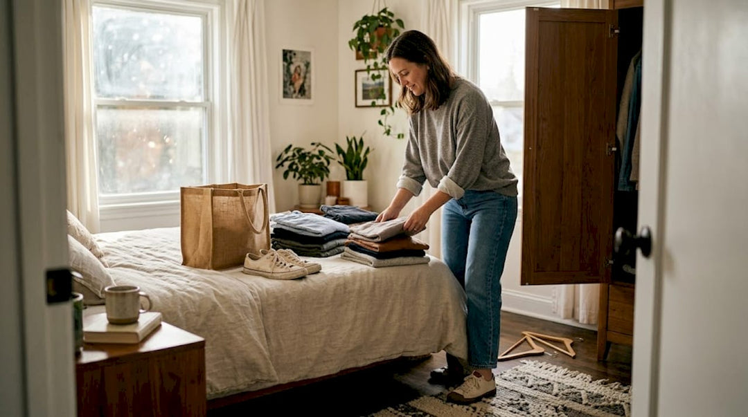 Woman sorting clothes for sustainable wardrobe