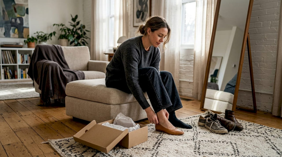Woman trying on custom shoes at home