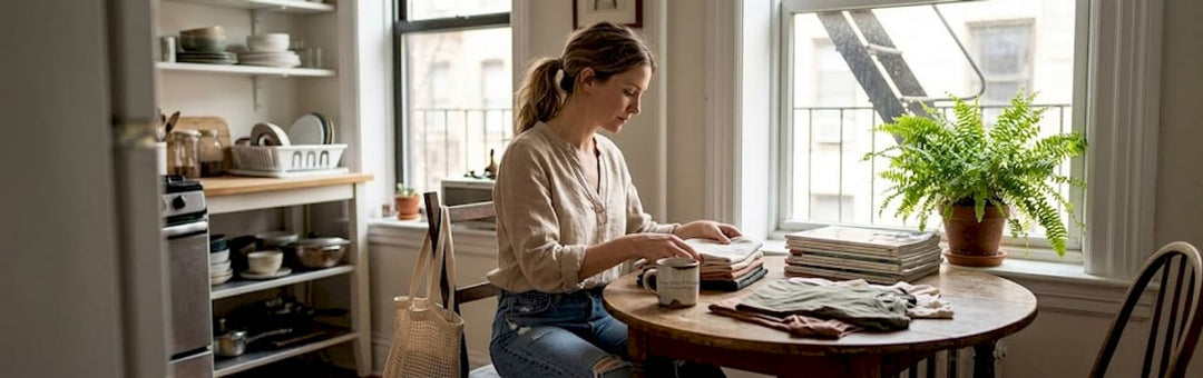 Woman folding sustainable clothing in kitchen