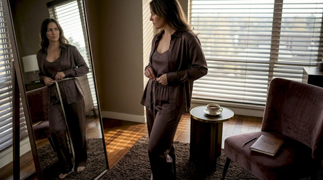 Woman checks waist using measuring tape at home