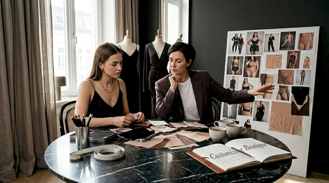 Client and designer reviewing evening wear sketches