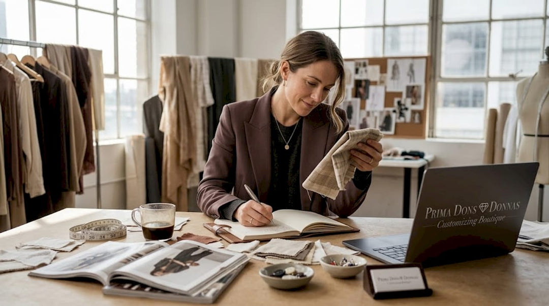 Designer reviewing sustainable fabrics at worktable