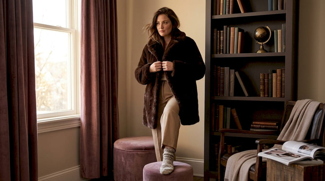 Woman styling faux fur coat in living room