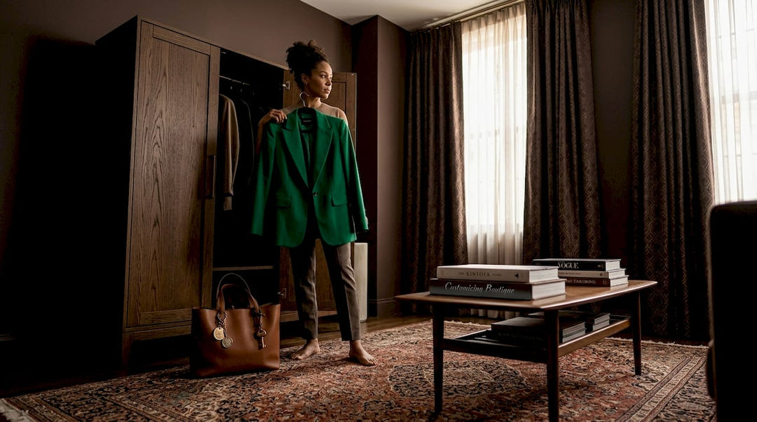 Woman selects bright blazer in sunlit bedroom
