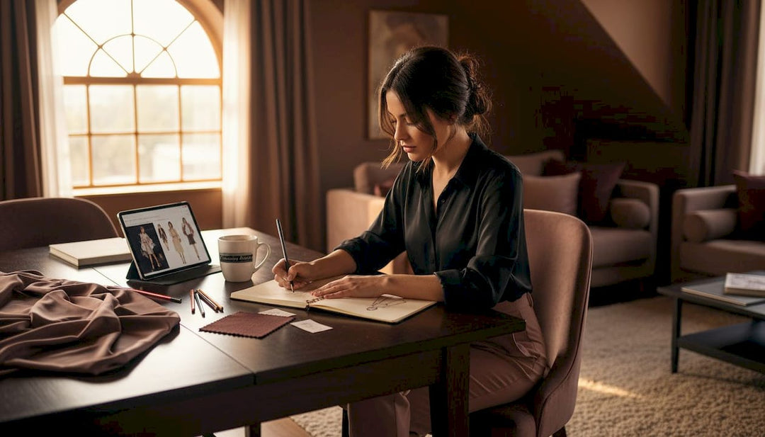 Woman planning sustainable fashion workflow at home