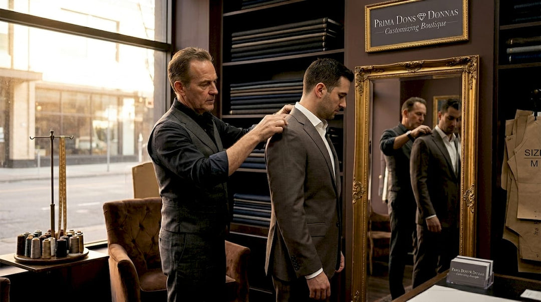 Tailor adjusting jacket in shop fitting