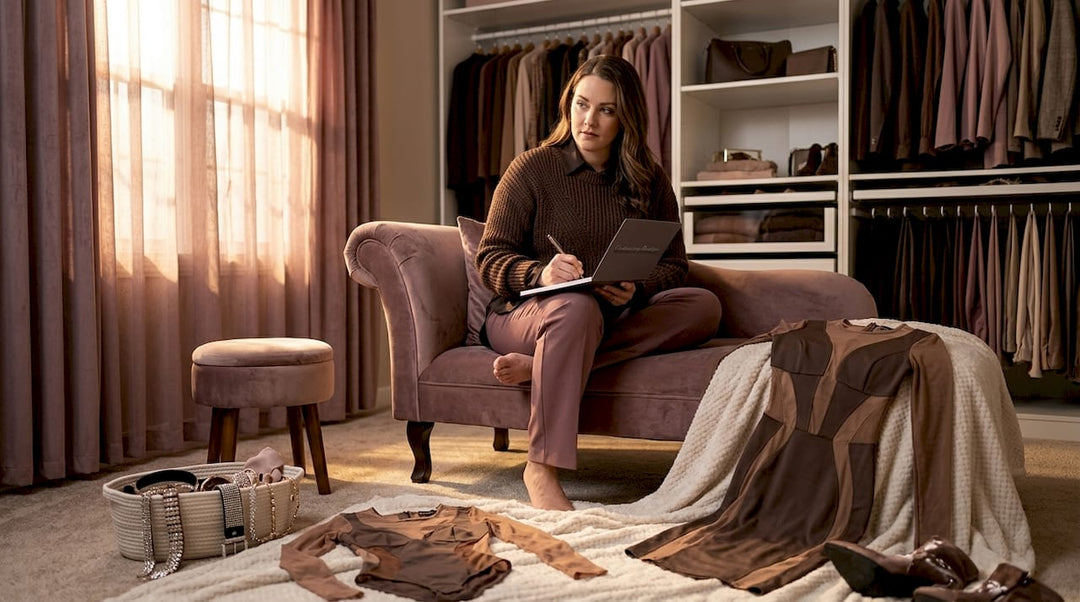 Woman auditing wardrobe in cozy bedroom