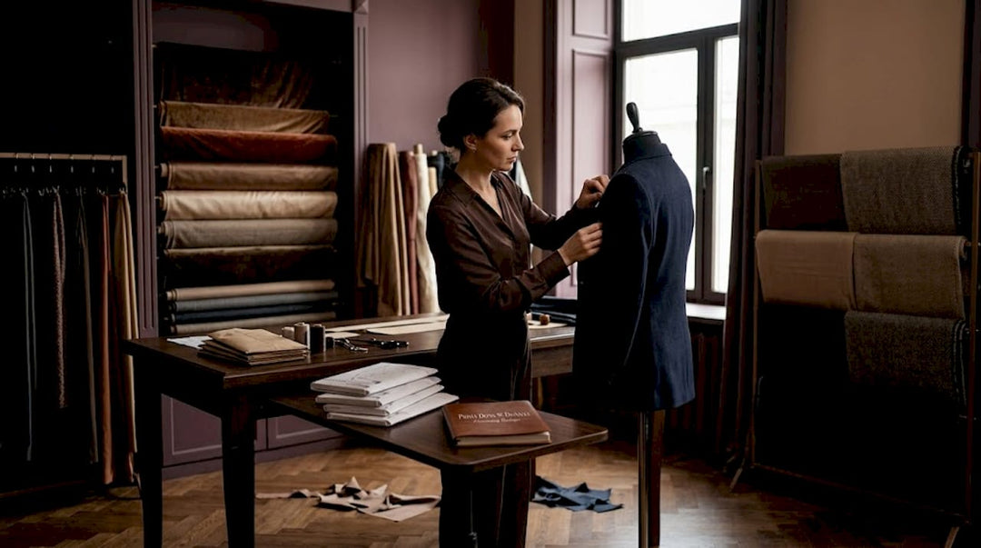 Tailor fitting a jacket in tailoring studio