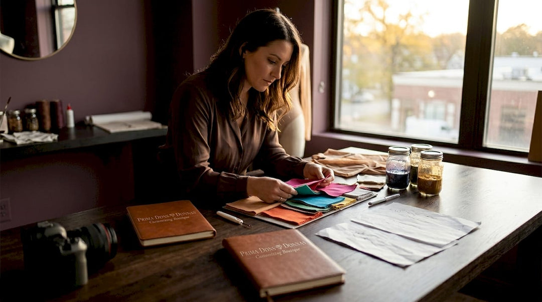 Designer reviewing sustainable fashion textiles at worktable