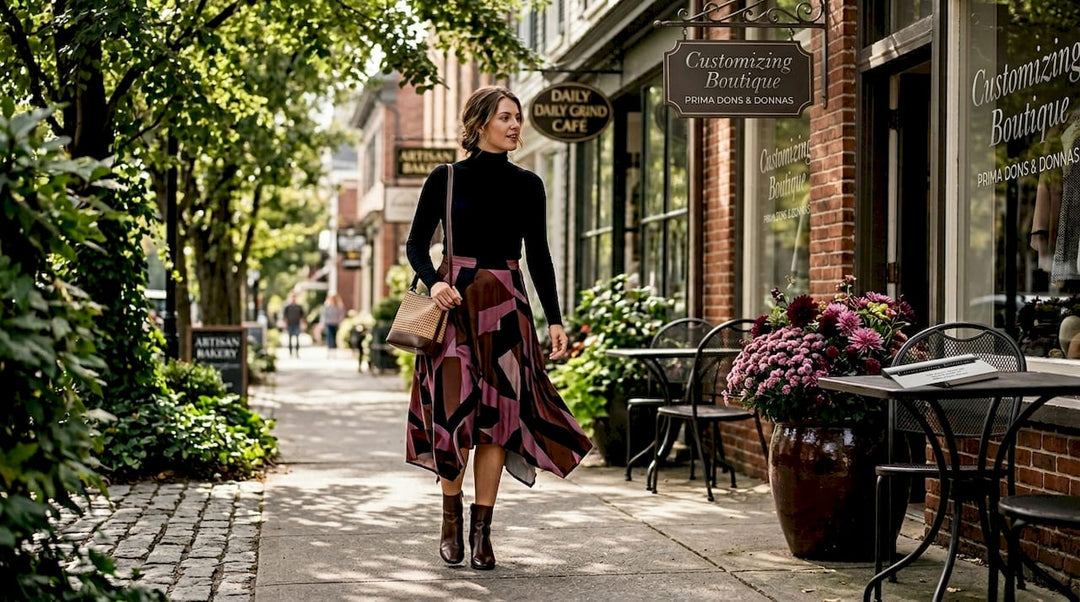 Woman in bold skirt walking city sidewalk