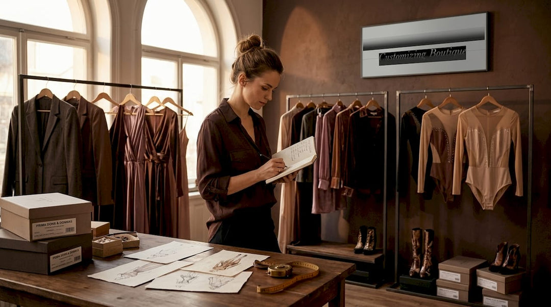 Stylist preparing outfits in bright photo studio