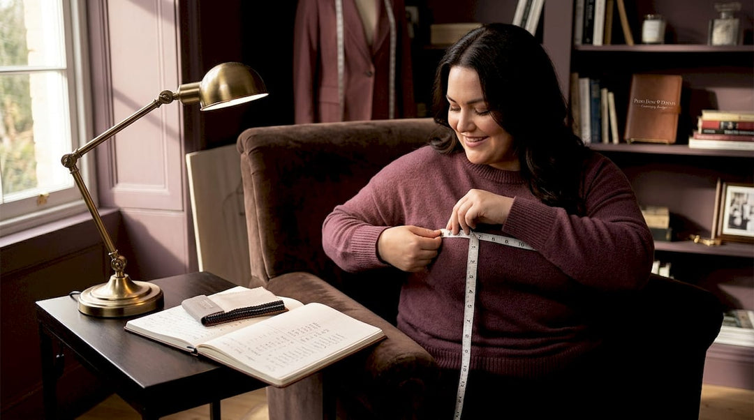 Plus size woman measuring herself at home