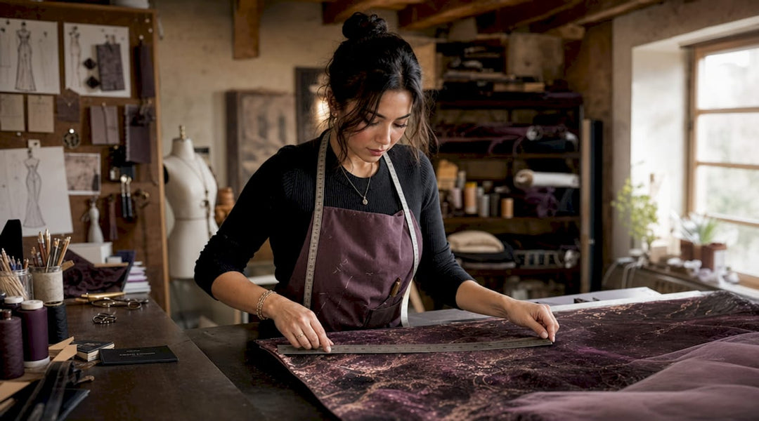 Tailor measuring fabric in workshop