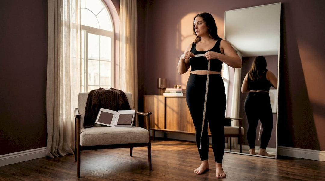 Woman measuring bust with tape in bedroom