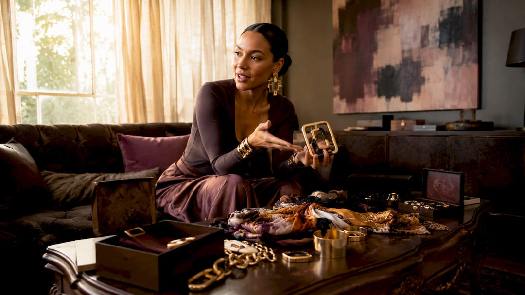 Woman examining bold statement accessories in studio