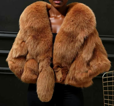 A close-up of a person wearing a brown fur coat with a large collar.