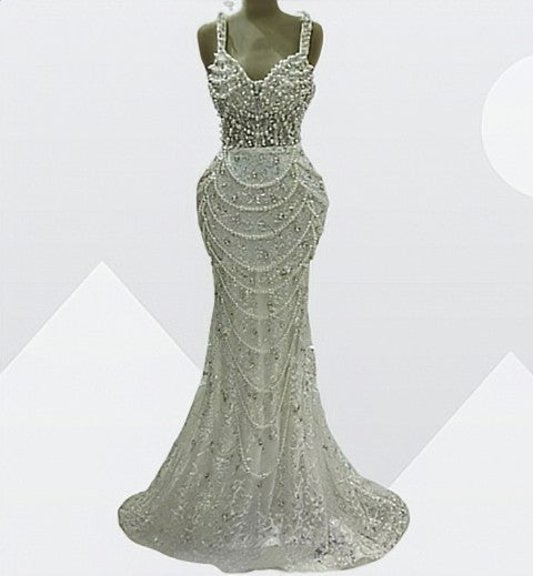 Wedding Luxury Pearl Crystal Maxi Dress