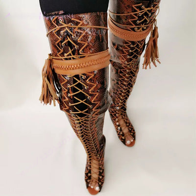 Lace Up Snake Super High Boots