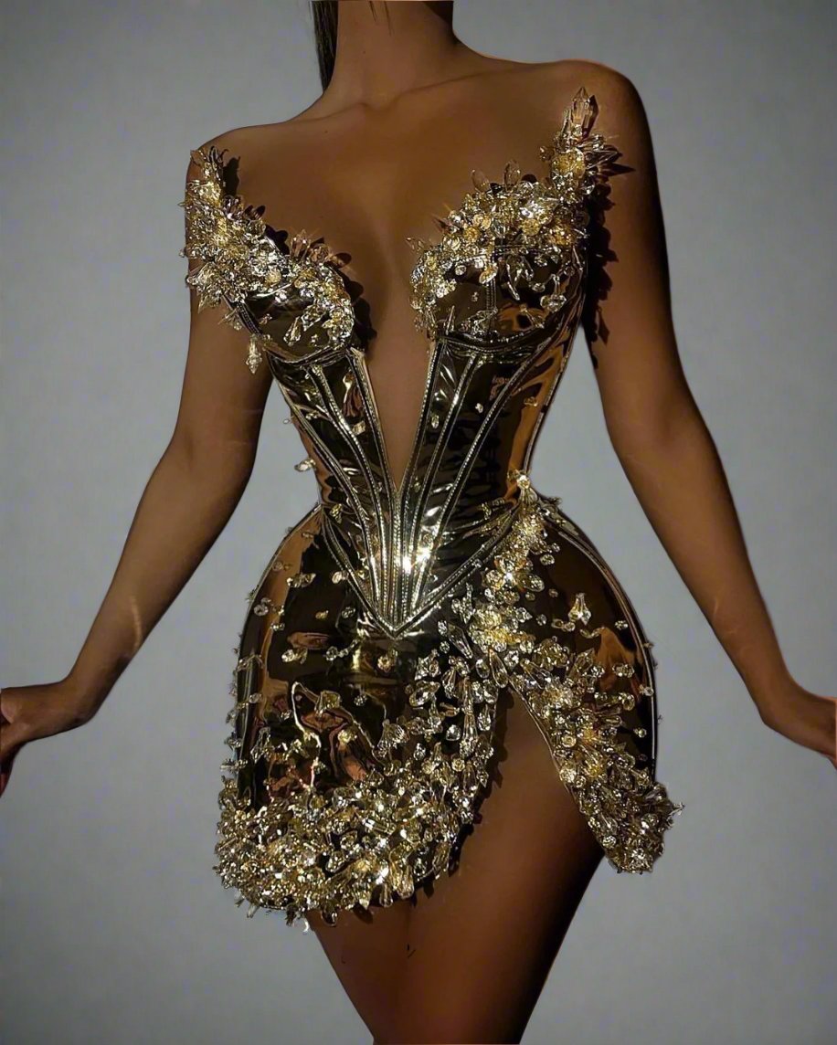 Luxury Mini Corset Metallic Crystal Dress