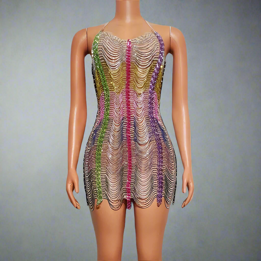 Halter Mini Multi Color Dress With Crystals