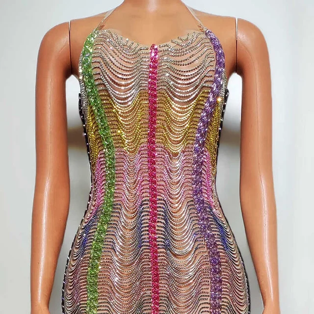 Halter Mini Multi Color Dress With Crystals