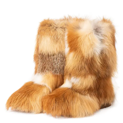 Detailed view of flat winter boots with a rounded toe and a plush faux fur exterior in brown, beige, and white.