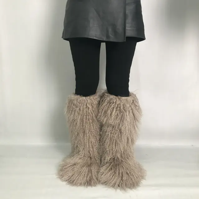 Lamb Mongolian Calf  Fur Winter Flat Boots