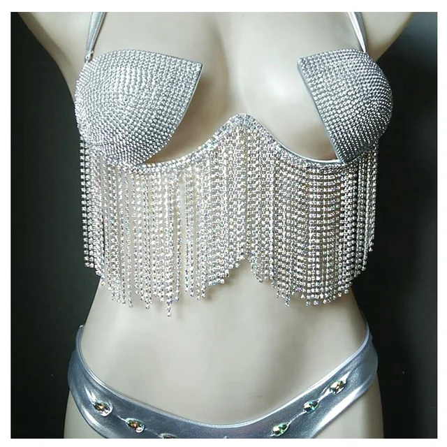 Rhinestone Body Chain Halter Top With Crystal Fringe