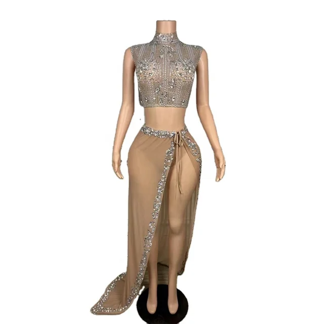 Halter Two Piece Rhinestone Maxi Crystals Skirt Set