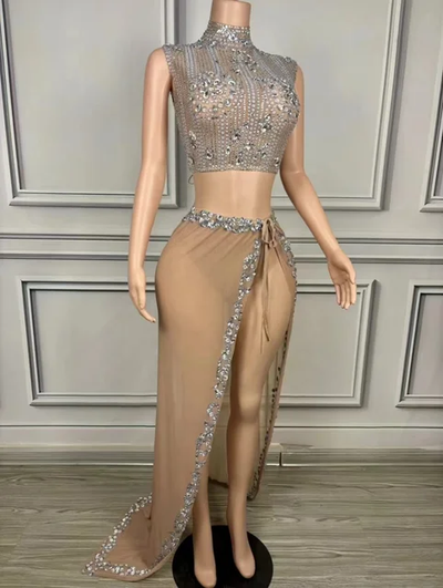 Halter Two Piece Rhinestone Maxi Crystals Skirt Set