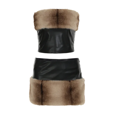 Tube Two Piece Faux Fur Mini rhinestone Skirt Set