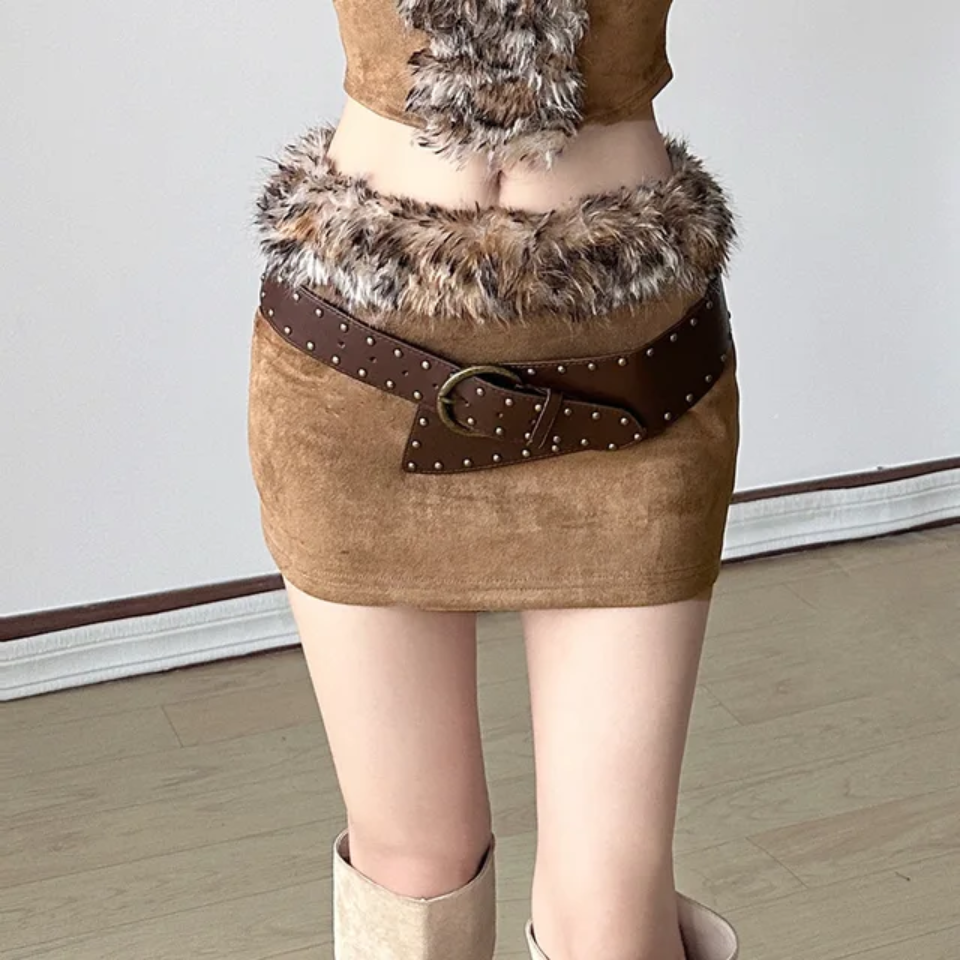 Tube Two Piece Faux Fur Mini Skirt Set 2