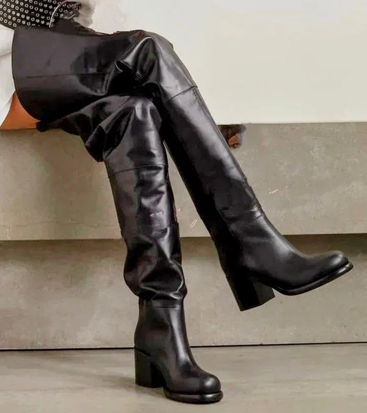 Thigh High Boots | Prima Dons Loose Fit Faux Leather 10cm Heel