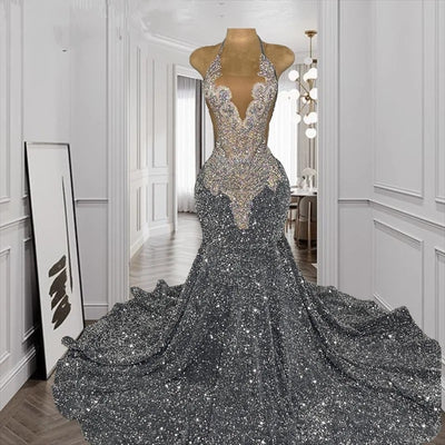 Luxury Rhinestone Crystal Mermaid Maxi Dress