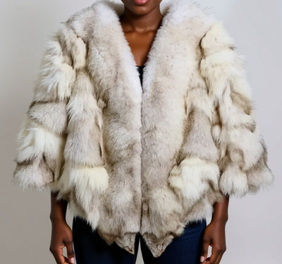 A person wearing a fur coat with a distinctive fur collar and fur trim.