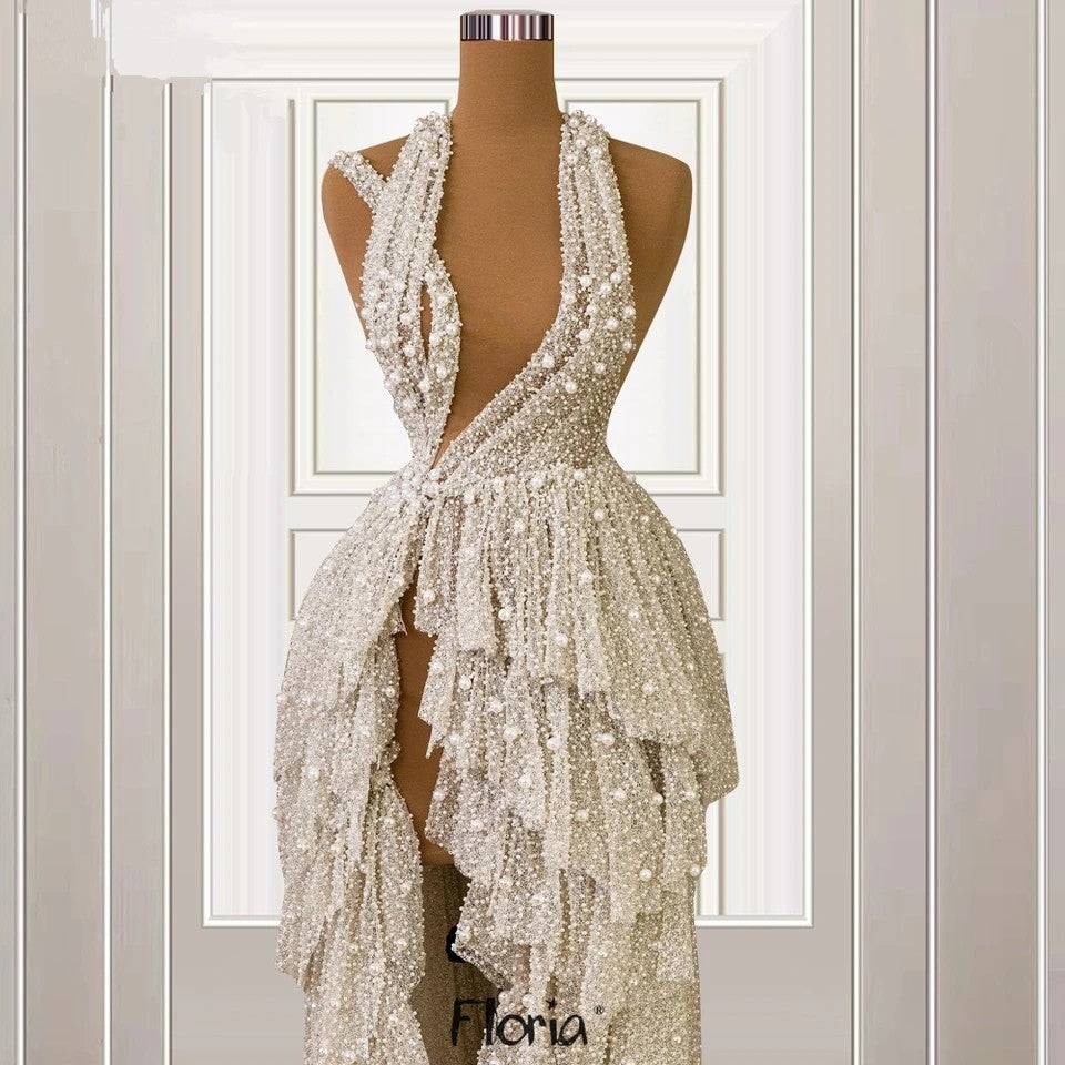 Luxury Pearl Crystal Maxi Dress