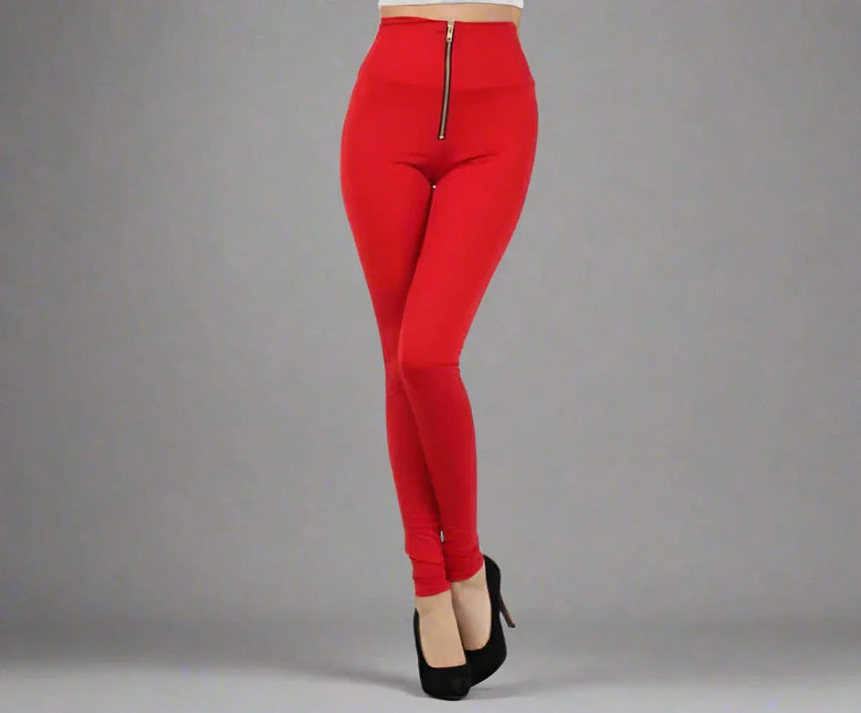 Red High Waist Front Zipper Leggings- Prima Dons and Donnas