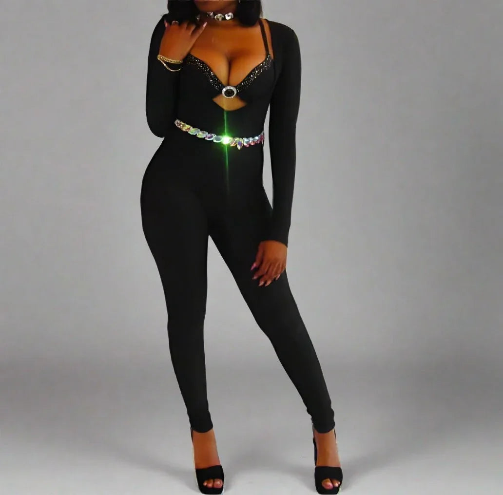 Sassy Plunge Neckline jumpsuit catsuit NO BELT- Prima Dons and Donnas