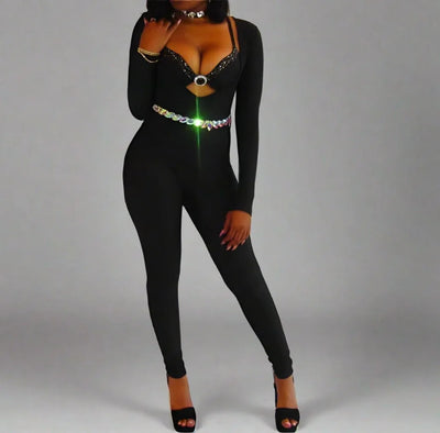 Sassy Plunge Neckline jumpsuit catsuit NO BELT- Prima Dons and Donnas