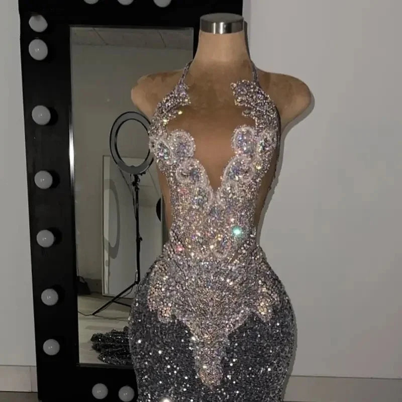 Luxury Rhinestone Crystal Mermaid Maxi Dress