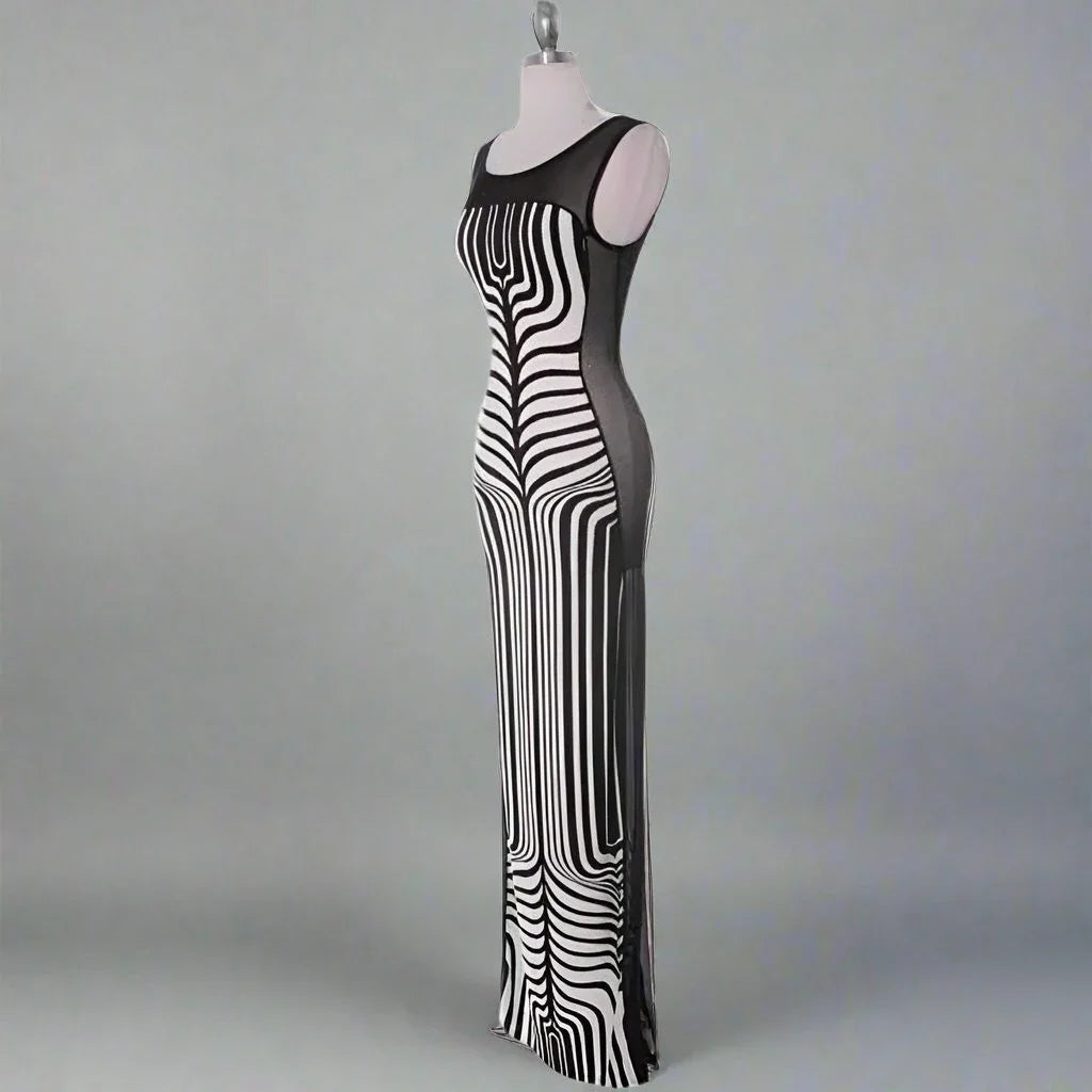 Geographic Lines Dress With Mesh Side- Prima Dons and Donnas