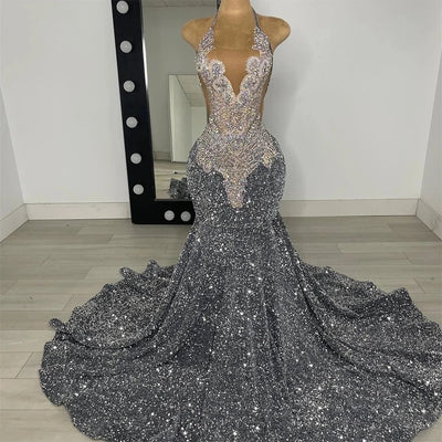 Luxury Rhinestone Crystal Mermaid Maxi Dress