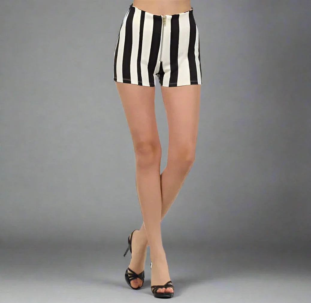 Striped high waist shorts with zipper front. Scuba print- Prima Dons and Donnas
