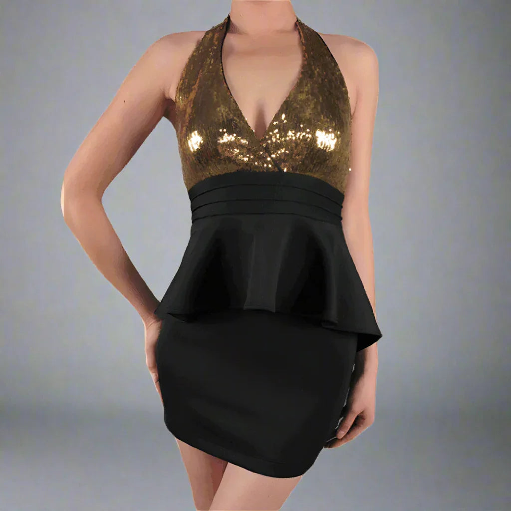 Peplum Sequin Halter Dress- Prima Dons and Donnas