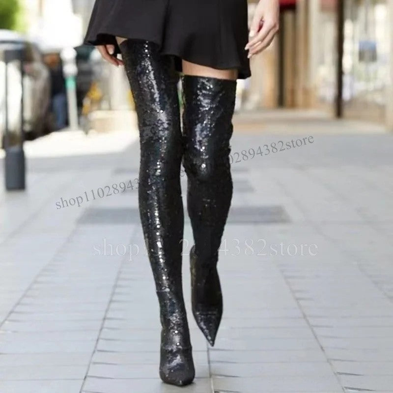 Sequin Thigh High Boots