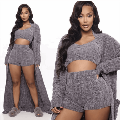 Cable Knit Crop Sweater Shorts Cardigan Set - Prima Dons & Donnas