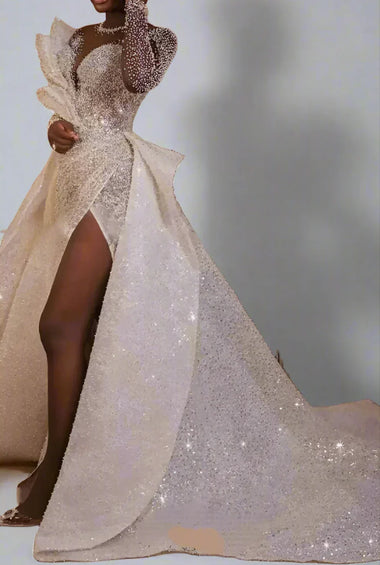 knee length dresses for ladies A Line See Through Deep V Neck Long Sleeves Sparkly Wedding Dresses US14 / As Picture main image 1